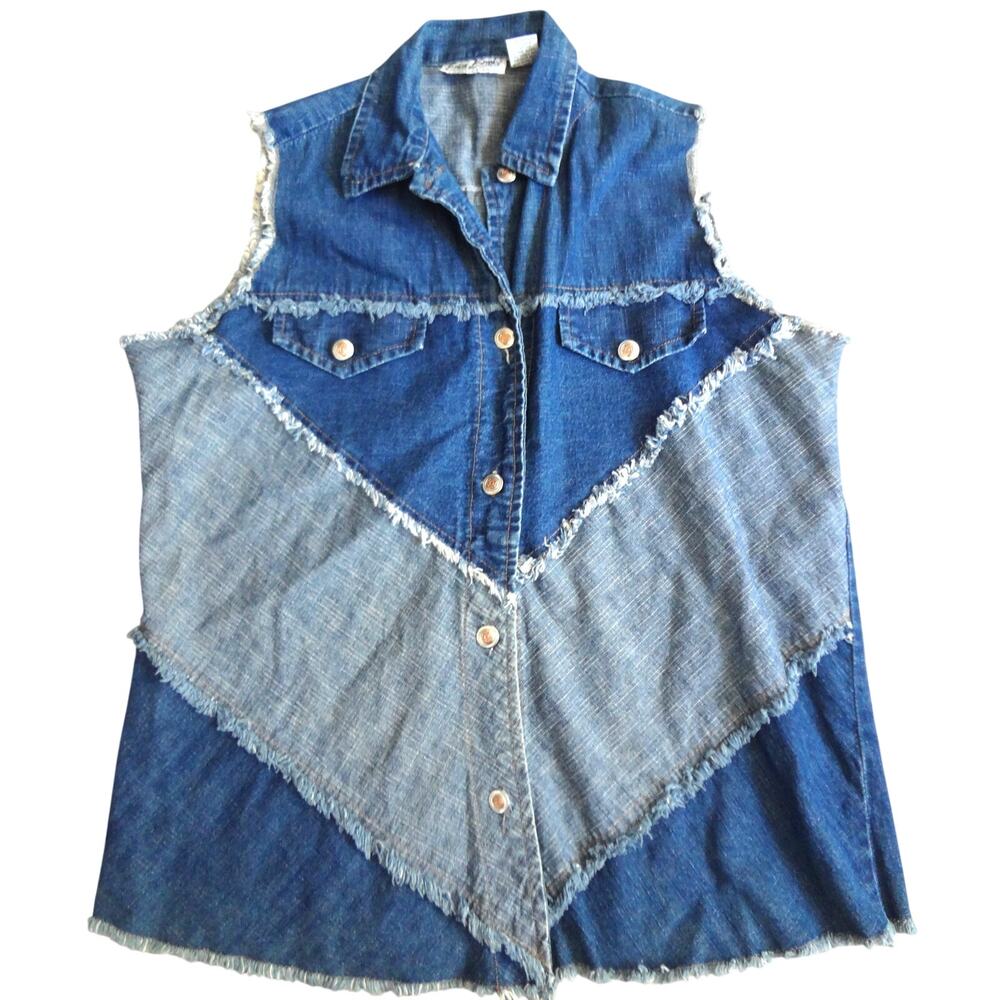 Vintage 90s Y2K Denim Patchwork Vest Cotton Western Boho Fringe Grunge Women XL